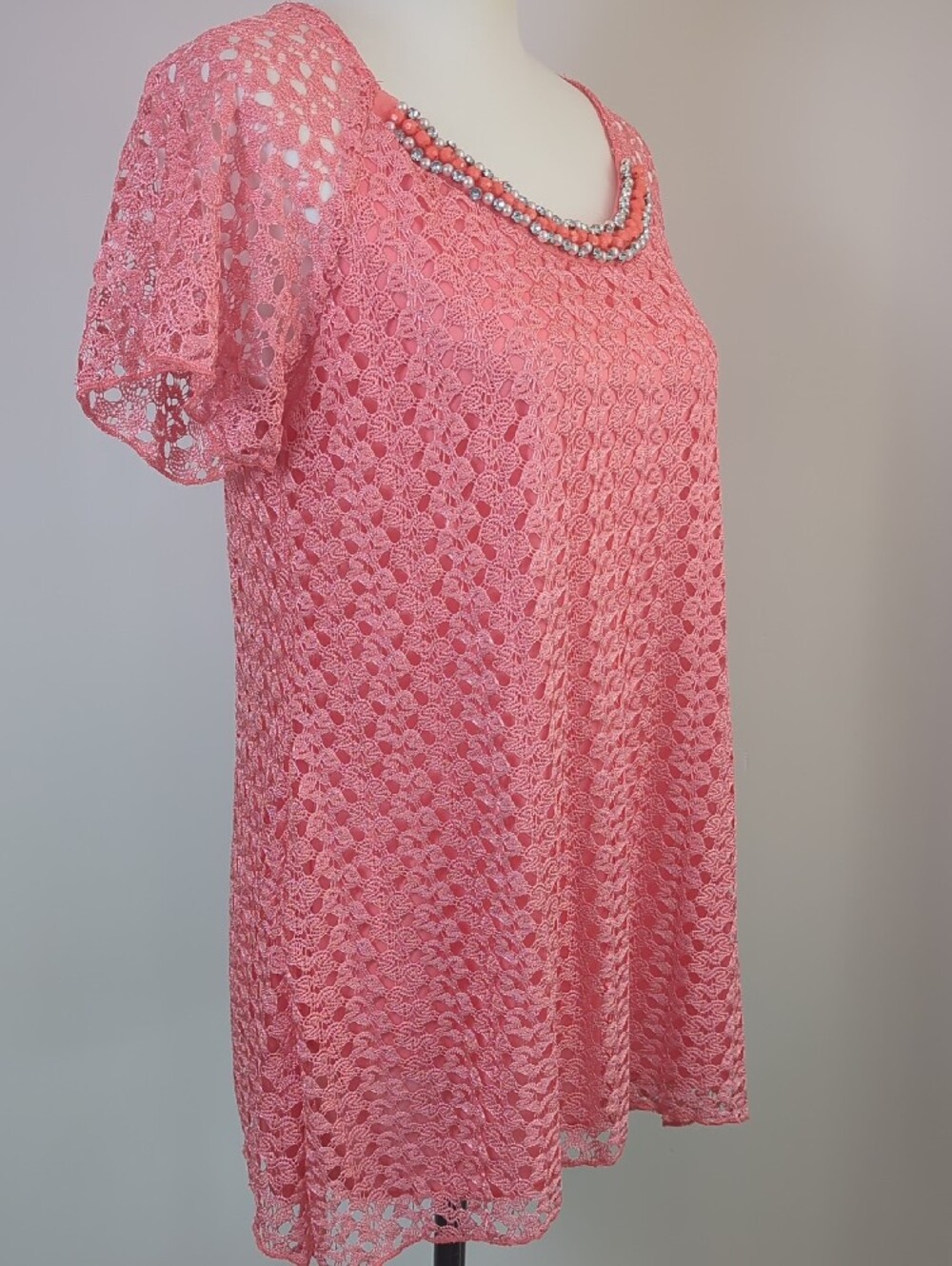 Brittany Black Coral Pink Lace Overlay Blouse Scoop Neck Beaded Embellished Top - Picture 6 of 14